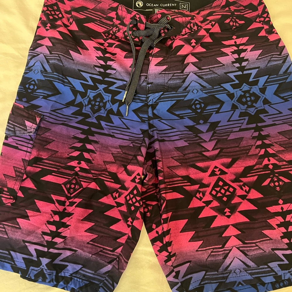 Ocean Current Men's Tribal Swim Shorts - Pink and Blue